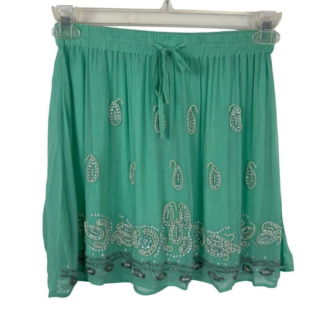 RAGA Anthropologie NEW Beaded Mini Skirt Small Seafoam Green Paisley Boho Beachy